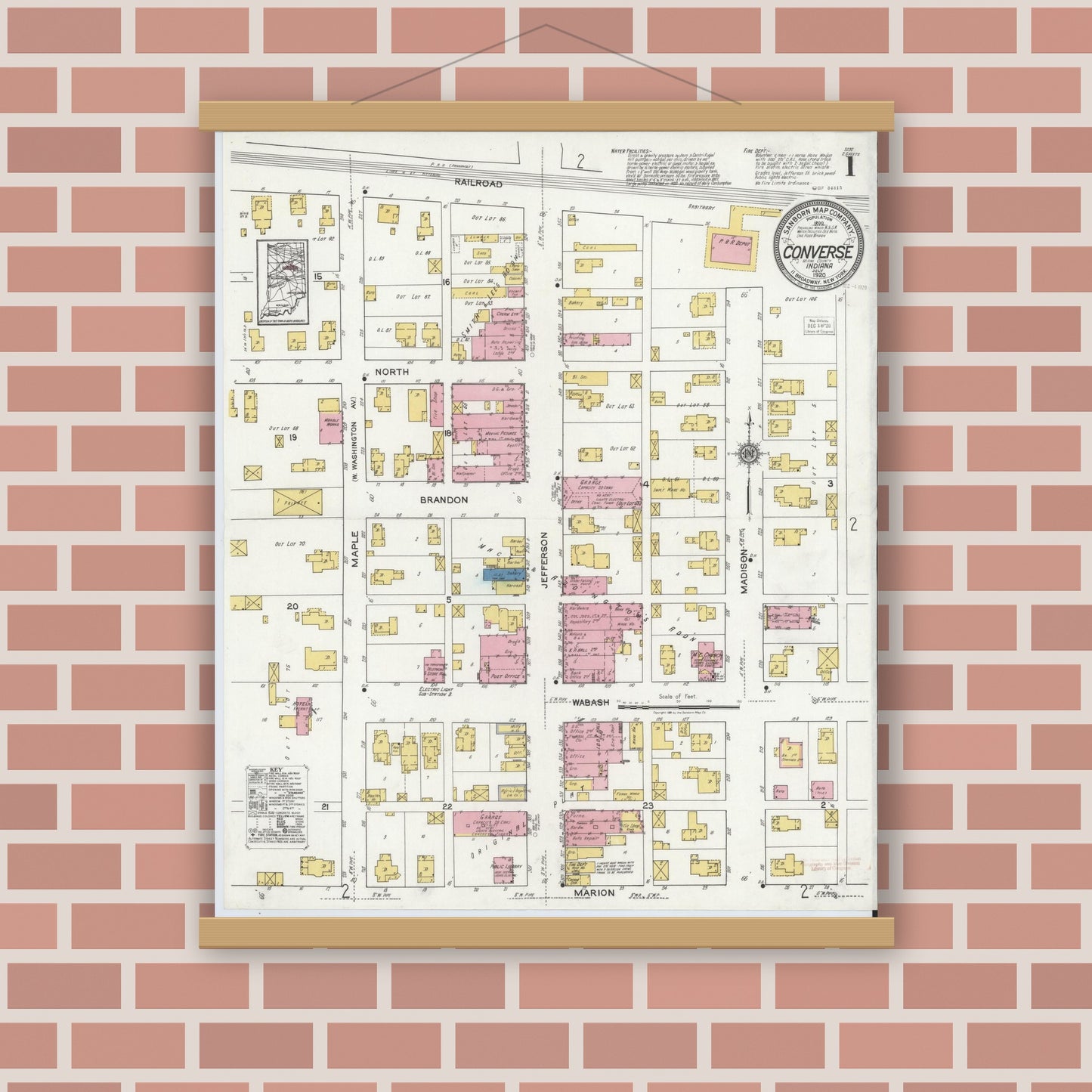 Old map wall art mockup — magnetic wood frame on brick wall — Sanborn Fire Insurance Map from Converse, Miami County, Indiana (1920) - Complete Map Set