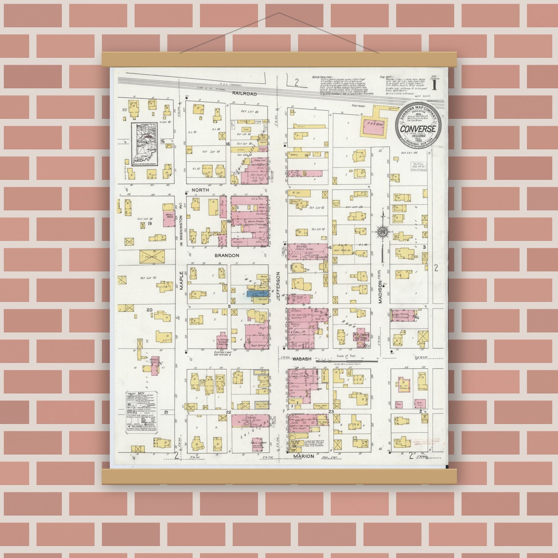 Old map wall art mockup — magnetic wood frame on brick wall — Sanborn Fire Insurance Map from Converse, Miami County, Indiana (1920) - Complete Map Set