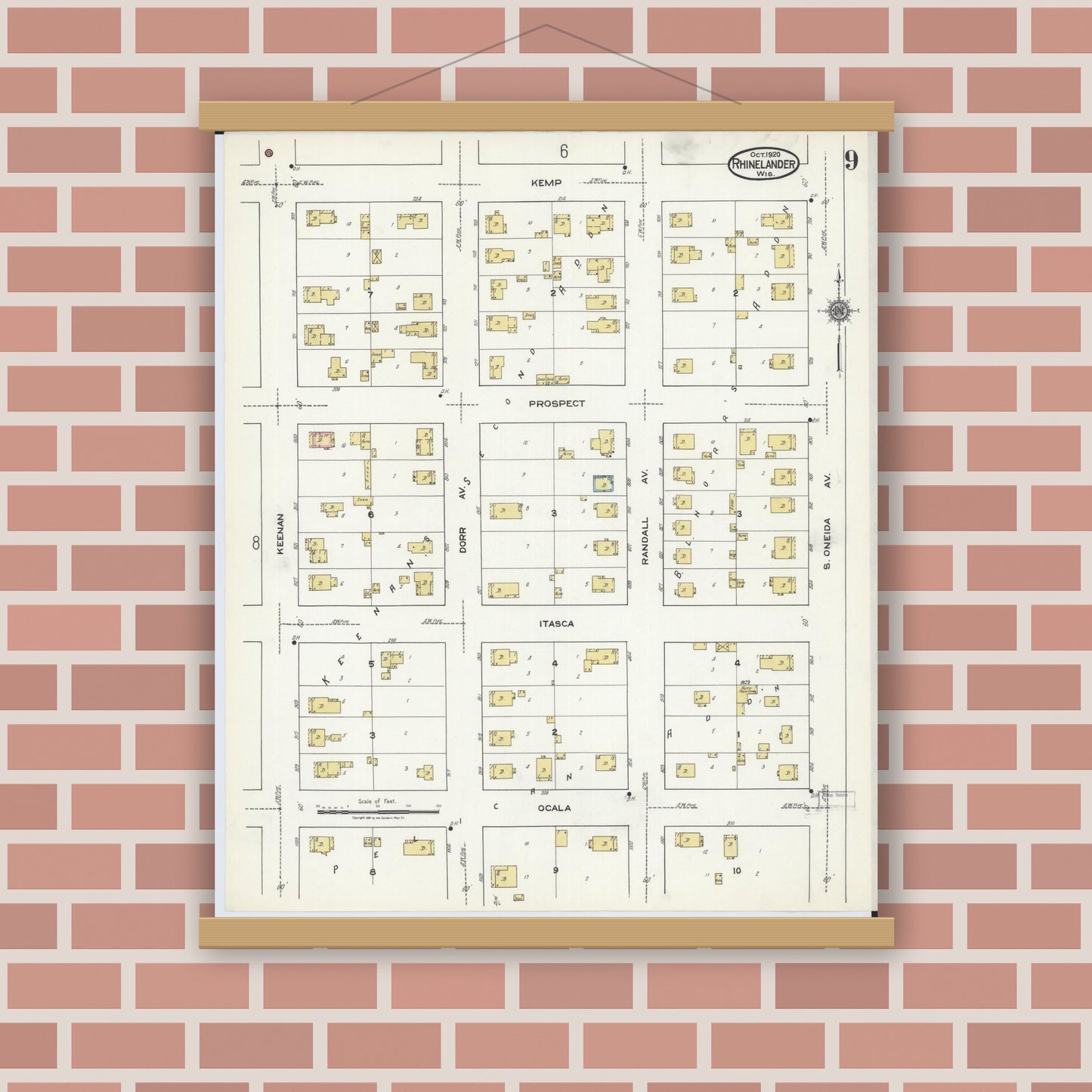 Old map wall art mockup — magnetic wood frame on brick wall — Sanborn Fire Insurance Map from Rhinelander, Oneida County, Wisconsin (1920), Sheet #0009