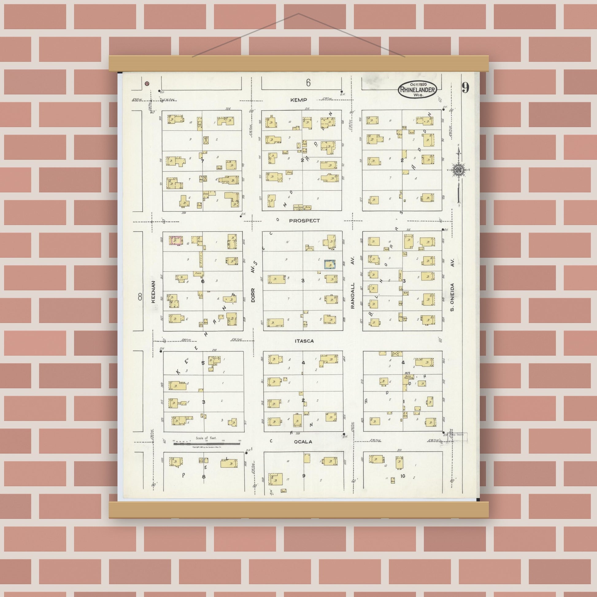 Old map wall art mockup — magnetic wood frame on brick wall — Sanborn Fire Insurance Map from Rhinelander, Oneida County, Wisconsin (1920), Sheet #0009