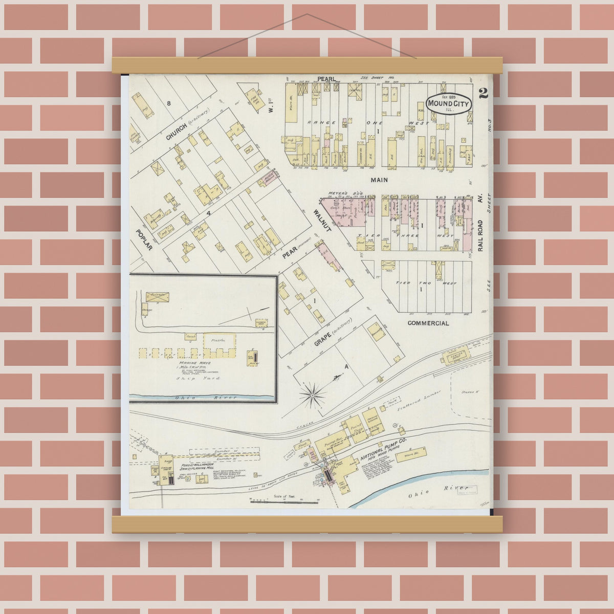 Old map wall art mockup — magnetic wood frame on brick wall — Sanborn Fire Insurance Map from Mound City, Pulaski County, Illinois (1889), Sheet #0002