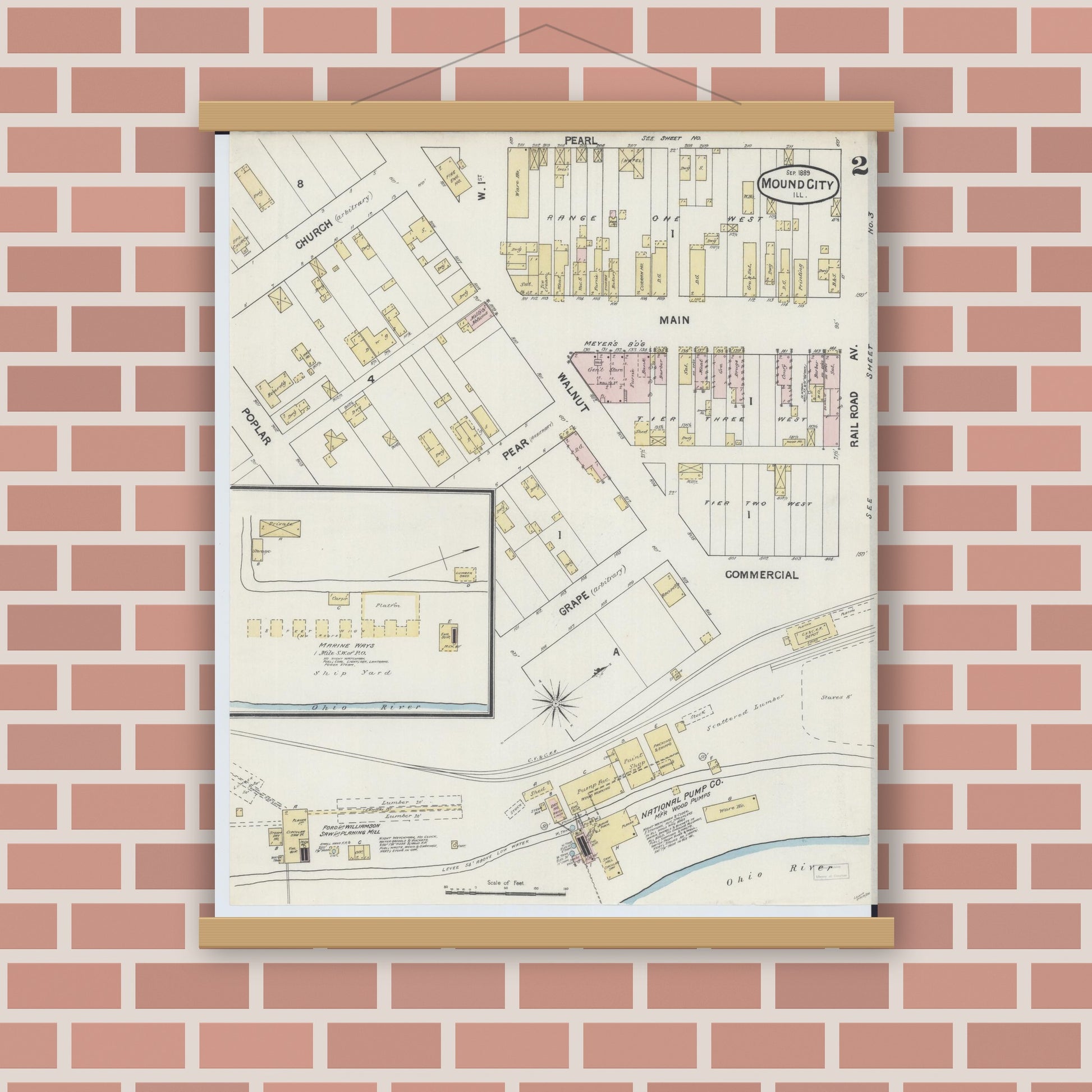 Old map wall art mockup — magnetic wood frame on brick wall — Sanborn Fire Insurance Map from Mound City, Pulaski County, Illinois (1889), Sheet #0002