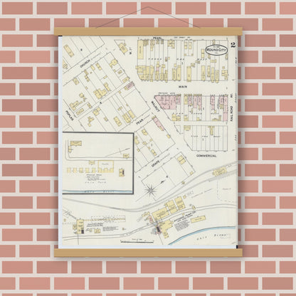 Old map wall art mockup — magnetic wood frame on brick wall — Sanborn Fire Insurance Map from Mound City, Pulaski County, Illinois (1889), Sheet #0002