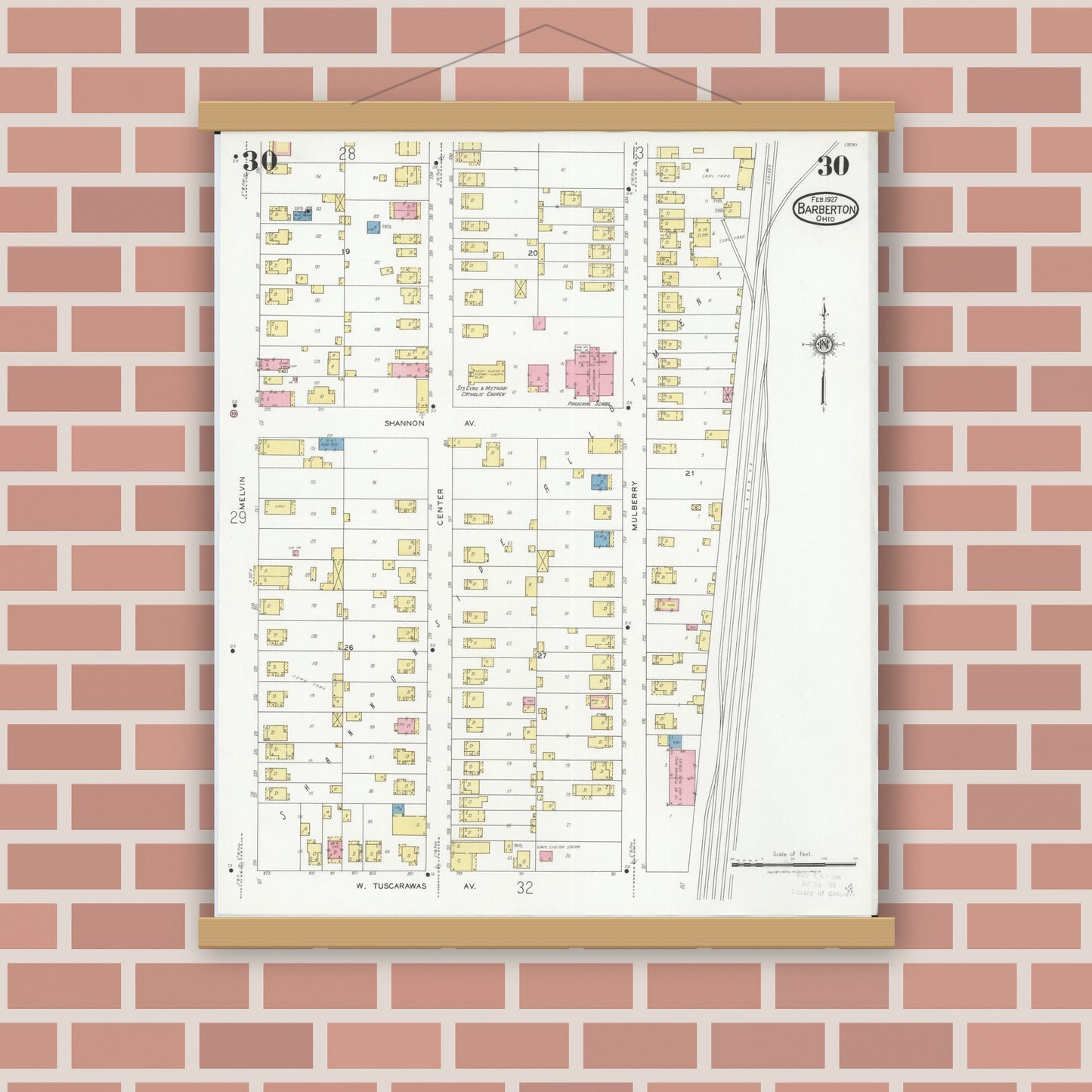 Old map wall art mockup — magnetic wood frame on brick wall — Sanborn Fire Insurance Map from Barberton, Summit County, Ohio (1927), Sheet #0030