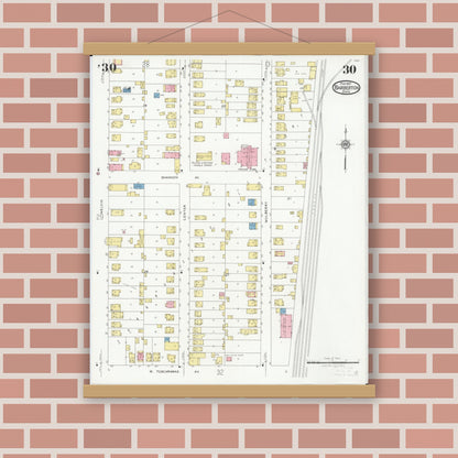 Old map wall art mockup — magnetic wood frame on brick wall — Sanborn Fire Insurance Map from Barberton, Summit County, Ohio (1927), Sheet #0030
