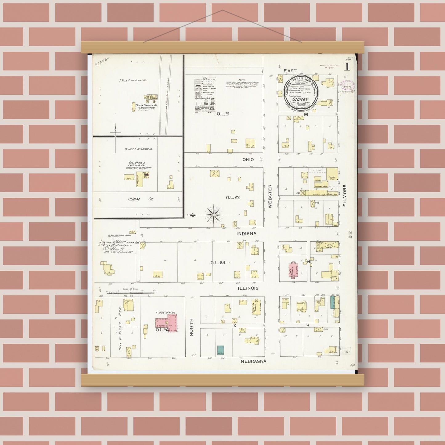 Old map wall art mockup — magnetic wood frame on brick wall — Sanborn Fire Insurance Map from Sidney, Fremont County, Iowa (1893) â€” Complete Set