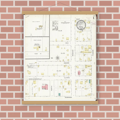 Old map wall art mockup — magnetic wood frame on brick wall — Sanborn Fire Insurance Map from Sidney, Fremont County, Iowa (1893) â€” Complete Set