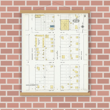 Old map wall art mockup — magnetic wood frame on brick wall — Sanborn Fire Insurance Map from Plainview, Hale County, Texas (1921), Sheet #0009