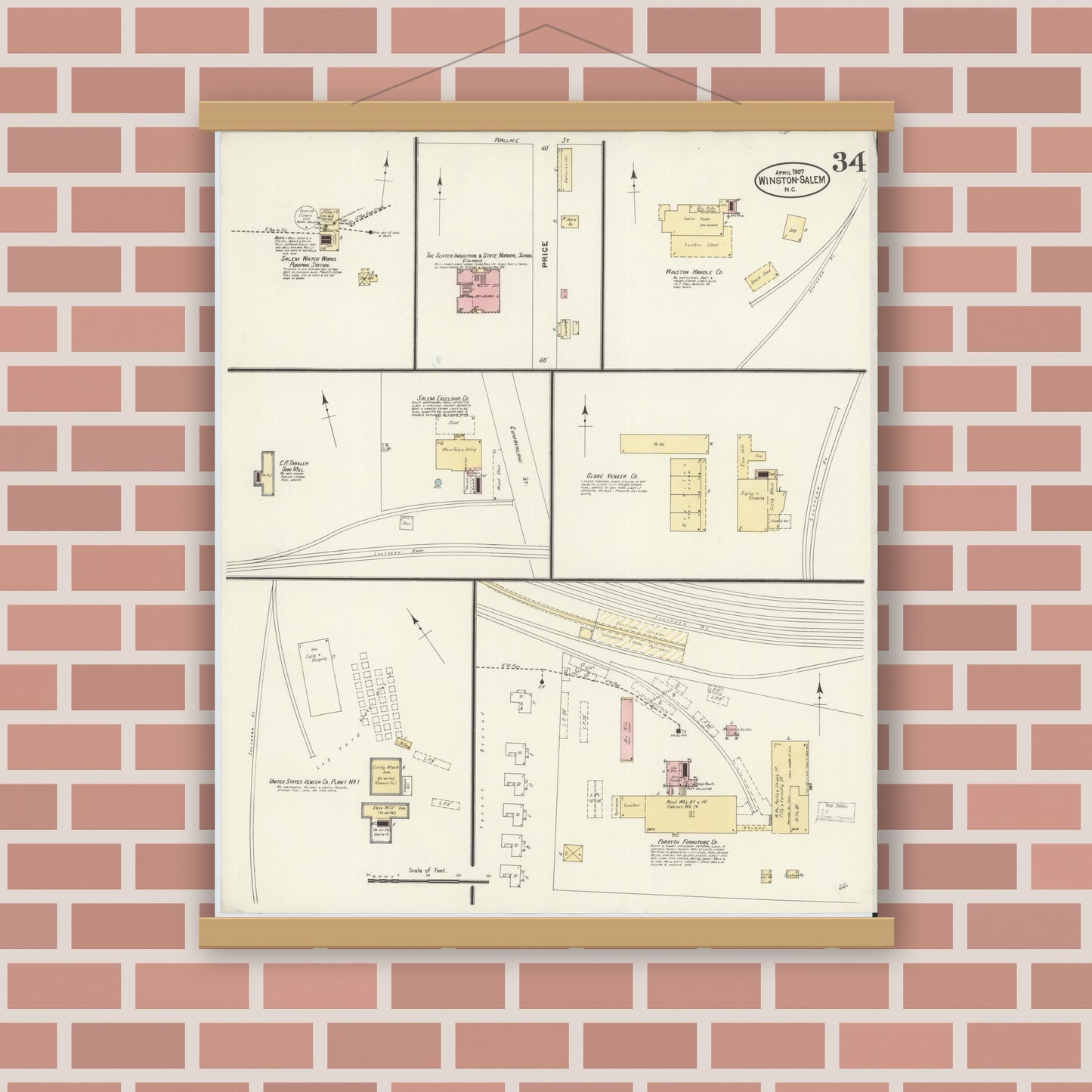 Old map wall art mockup — magnetic wood frame on brick wall — Sanborn Fire Insurance Map from Winston-Salem, Forsyth County, North Carolina (1907), Sheet #0034