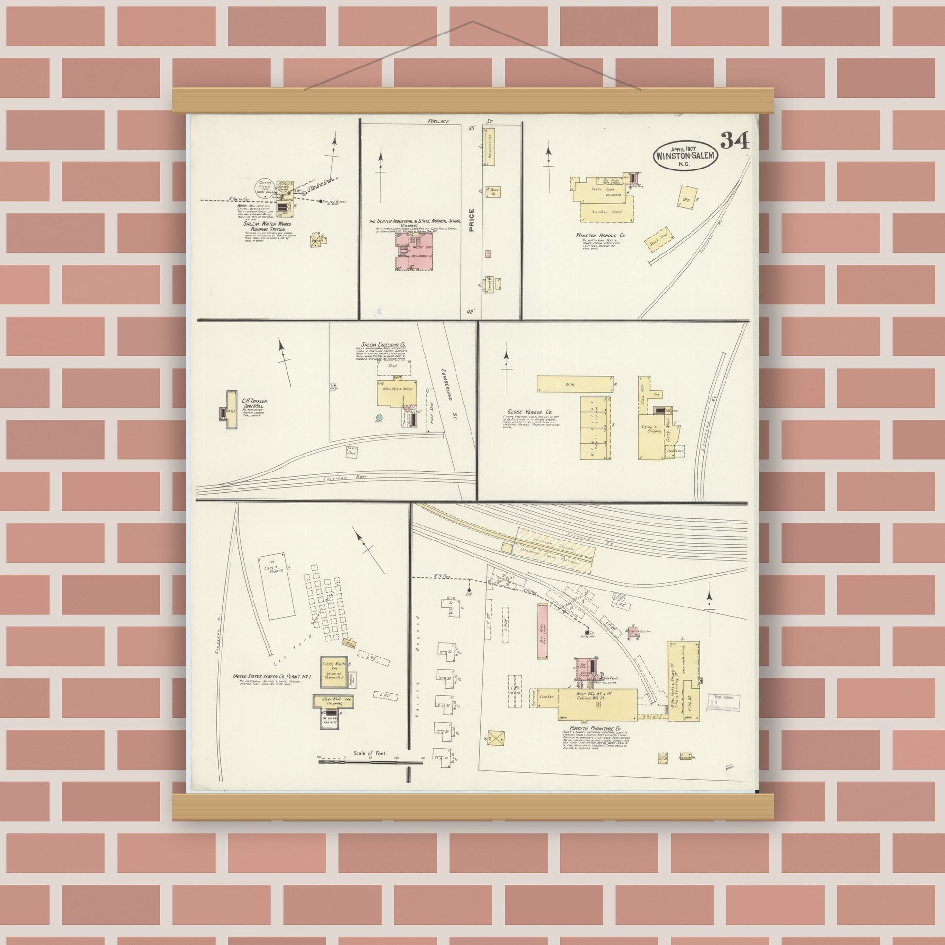 Old map wall art mockup — magnetic wood frame on brick wall — Sanborn Fire Insurance Map from Winston-Salem, Forsyth County, North Carolina (1907), Sheet #0034