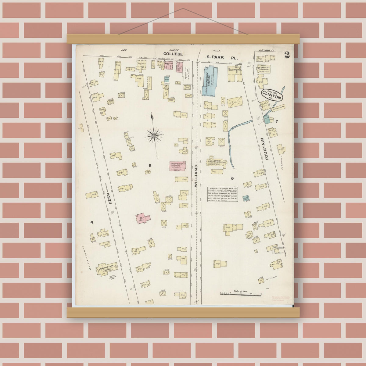 Old map wall art mockup — magnetic wood frame on brick wall — Sanborn Fire Insurance Map from Clinton, Oneida County, New York (1884), Sheet #0002
