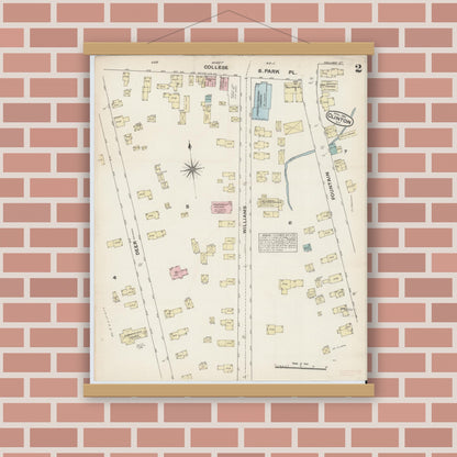 Old map wall art mockup — magnetic wood frame on brick wall — Sanborn Fire Insurance Map from Clinton, Oneida County, New York (1884), Sheet #0002