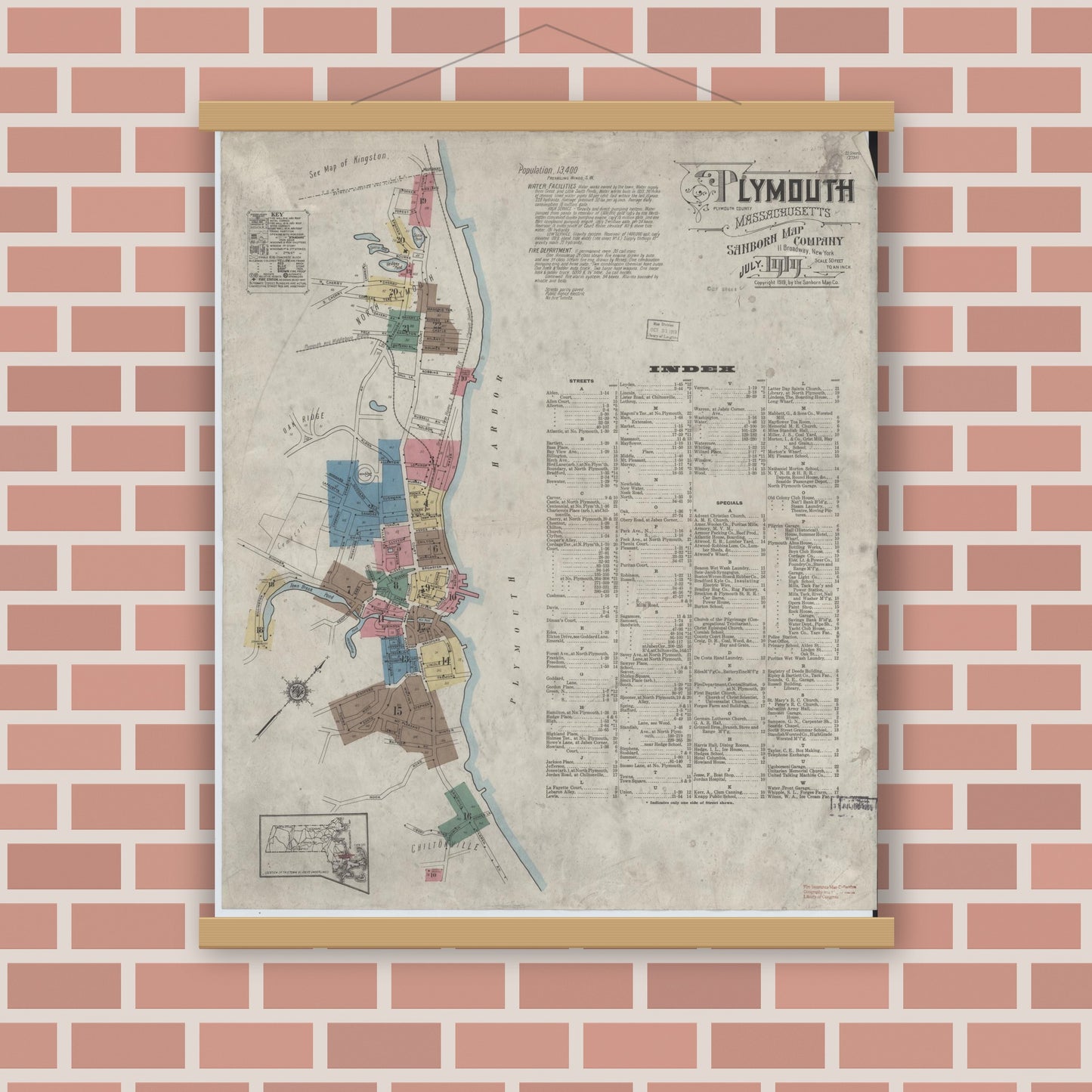 Old map wall art mockup — magnetic wood frame on brick wall — Sanborn Fire Insurance Map from Plymouth, Plymouth County, Massachusetts (1919), Sheet #0001