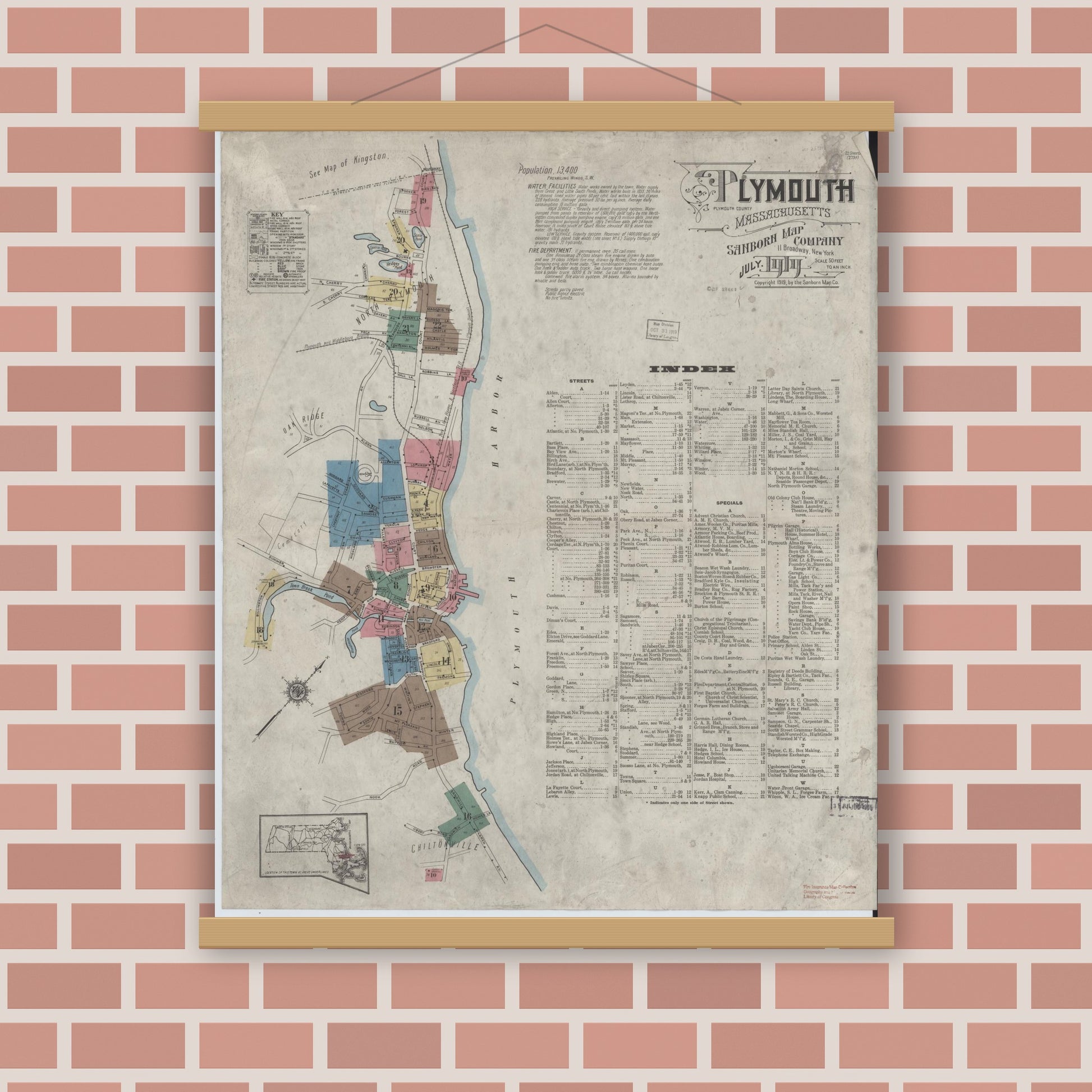 Old map wall art mockup — magnetic wood frame on brick wall — Sanborn Fire Insurance Map from Plymouth, Plymouth County, Massachusetts (1919), Sheet #0001