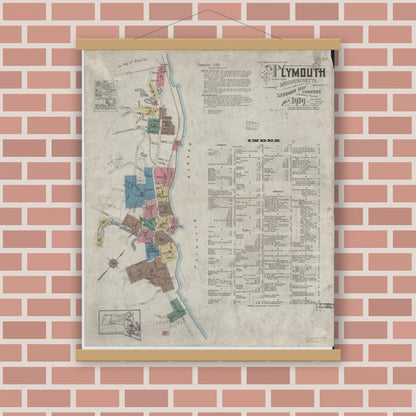 Old map wall art mockup — magnetic wood frame on brick wall — Sanborn Fire Insurance Map from Plymouth, Plymouth County, Massachusetts (1919), Sheet #0001