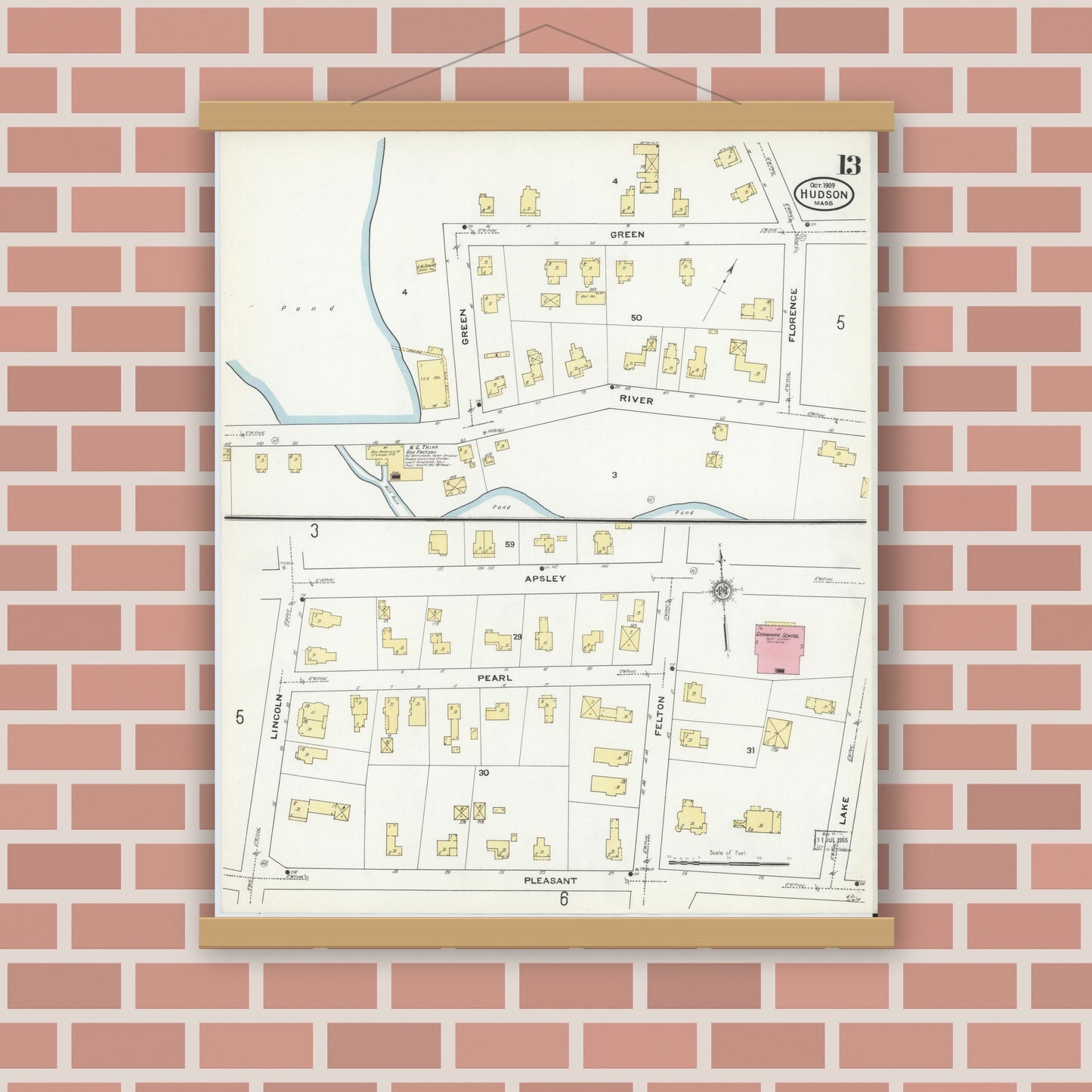 Old map wall art mockup — magnetic wood frame on brick wall — Sanborn Fire Insurance Map from Hudson, Middlesex County, Massachusetts (1909), Sheet #0013