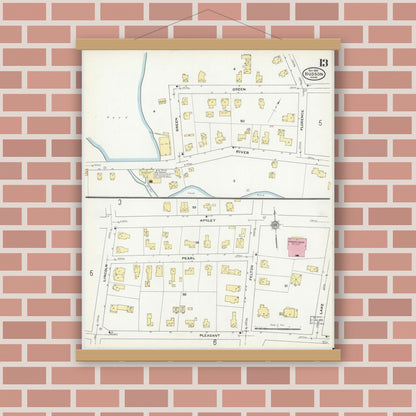 Old map wall art mockup — magnetic wood frame on brick wall — Sanborn Fire Insurance Map from Hudson, Middlesex County, Massachusetts (1909), Sheet #0013