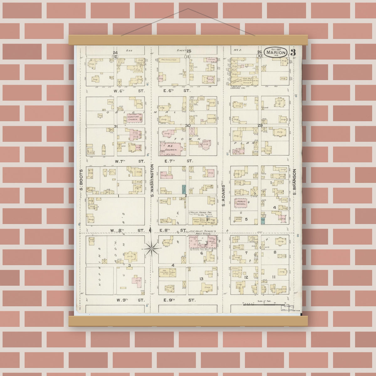 Old map wall art mockup — magnetic wood frame on brick wall — Sanborn Fire Insurance Map from Marion, Grant County, Indiana (1887), Sheet #0003