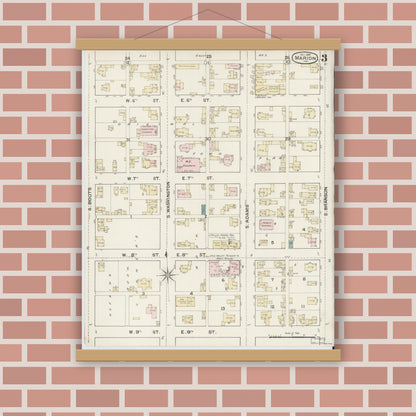 Old map wall art mockup — magnetic wood frame on brick wall — Sanborn Fire Insurance Map from Marion, Grant County, Indiana (1887), Sheet #0003