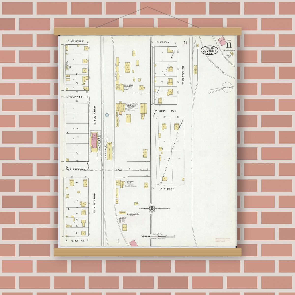 Old map wall art mockup — magnetic wood frame on brick wall — Sanborn Fire Insurance Map from Luverne, Rock County, Minnesota (1921), Sheet #0011