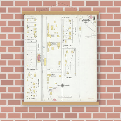 Old map wall art mockup — magnetic wood frame on brick wall — Sanborn Fire Insurance Map from Luverne, Rock County, Minnesota (1921), Sheet #0011