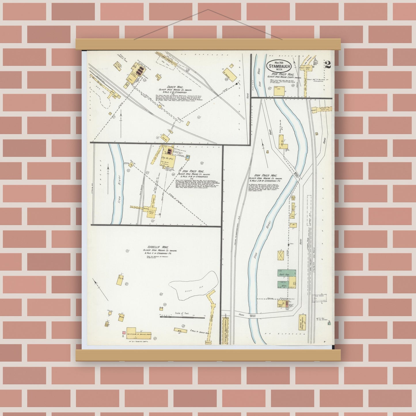 Old map wall art mockup — magnetic wood frame on brick wall — Sanborn Fire Insurance Map from Stambaugh, Iron County, Michigan (1900), Sheet #0002