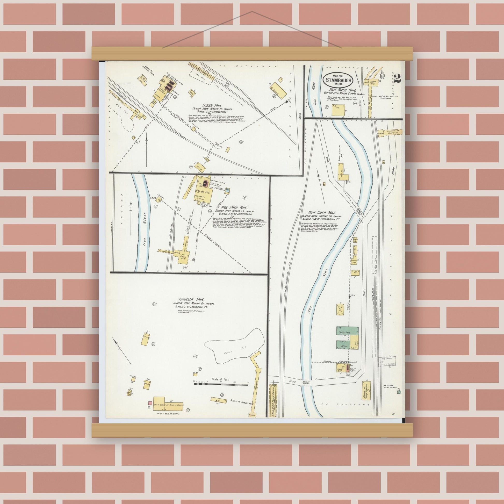 Old map wall art mockup — magnetic wood frame on brick wall — Sanborn Fire Insurance Map from Stambaugh, Iron County, Michigan (1900), Sheet #0002
