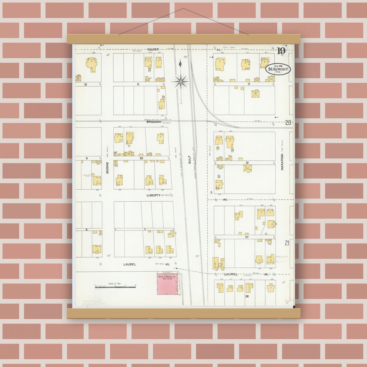 Old map wall art mockup — magnetic wood frame on brick wall — Sanborn Fire Insurance Map from Beaumont, Jefferson County, Texas (1904), Sheet #0019