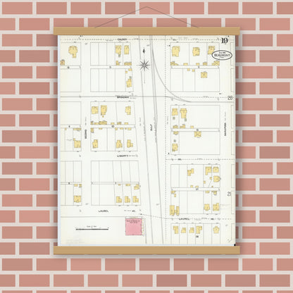 Old map wall art mockup — magnetic wood frame on brick wall — Sanborn Fire Insurance Map from Beaumont, Jefferson County, Texas (1904), Sheet #0019