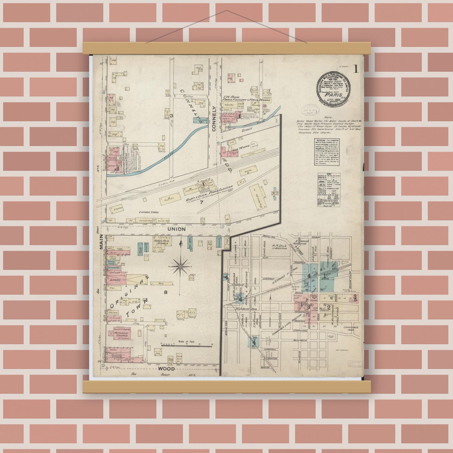Old map wall art mockup — magnetic wood frame on brick wall — Sanborn Fire Insurance Map from Paris, Edgar County, Illinois (1884), Sheet #0001