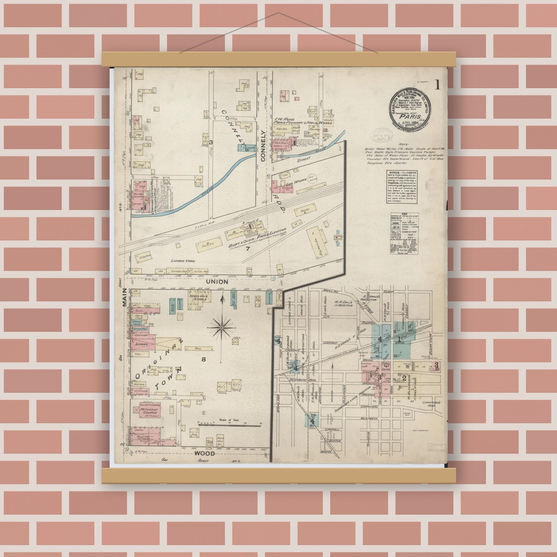 Old map wall art mockup — magnetic wood frame on brick wall — Sanborn Fire Insurance Map from Paris, Edgar County, Illinois (1884), Sheet #0001