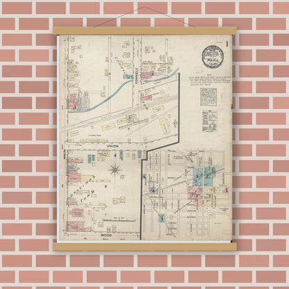 Old map wall art mockup — magnetic wood frame on brick wall — Sanborn Fire Insurance Map from Paris, Edgar County, Illinois (1884), Sheet #0001