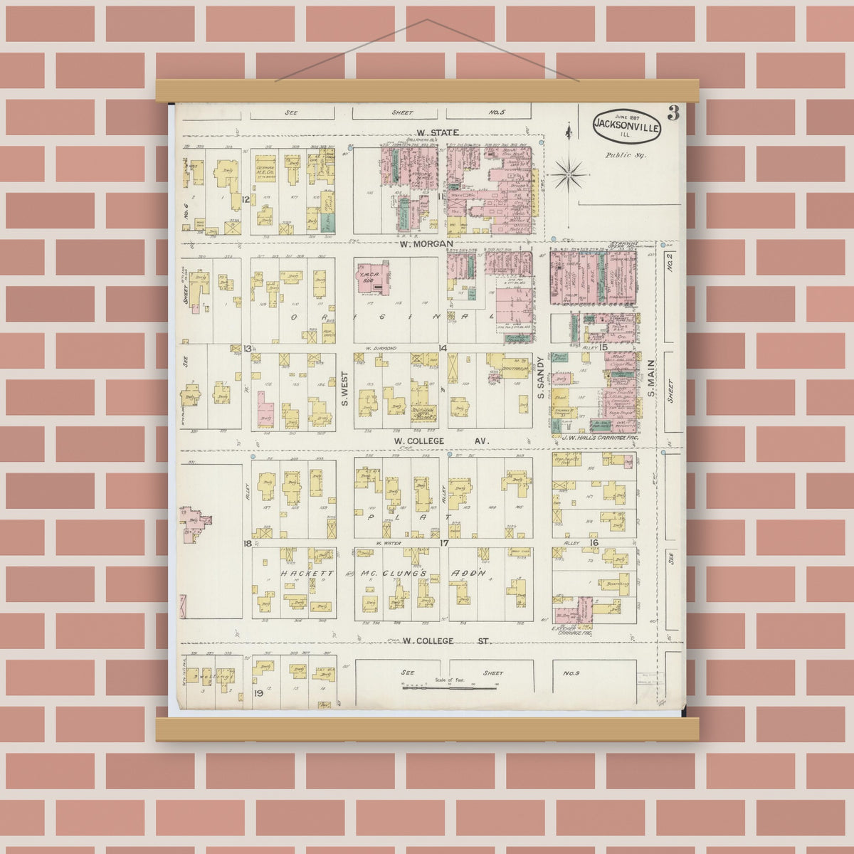 Old map wall art mockup — magnetic wood frame on brick wall — Sanborn Fire Insurance Map from Jacksonville, Morgan County, Illinois (1887), Sheet #0003