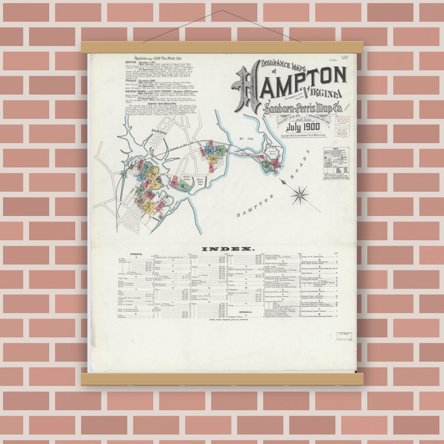 Old map wall art mockup — magnetic wood frame on brick wall — Sanborn Fire Insurance Map from Hampton, Independent Cities, Virginia (1900) - Complete Map Set