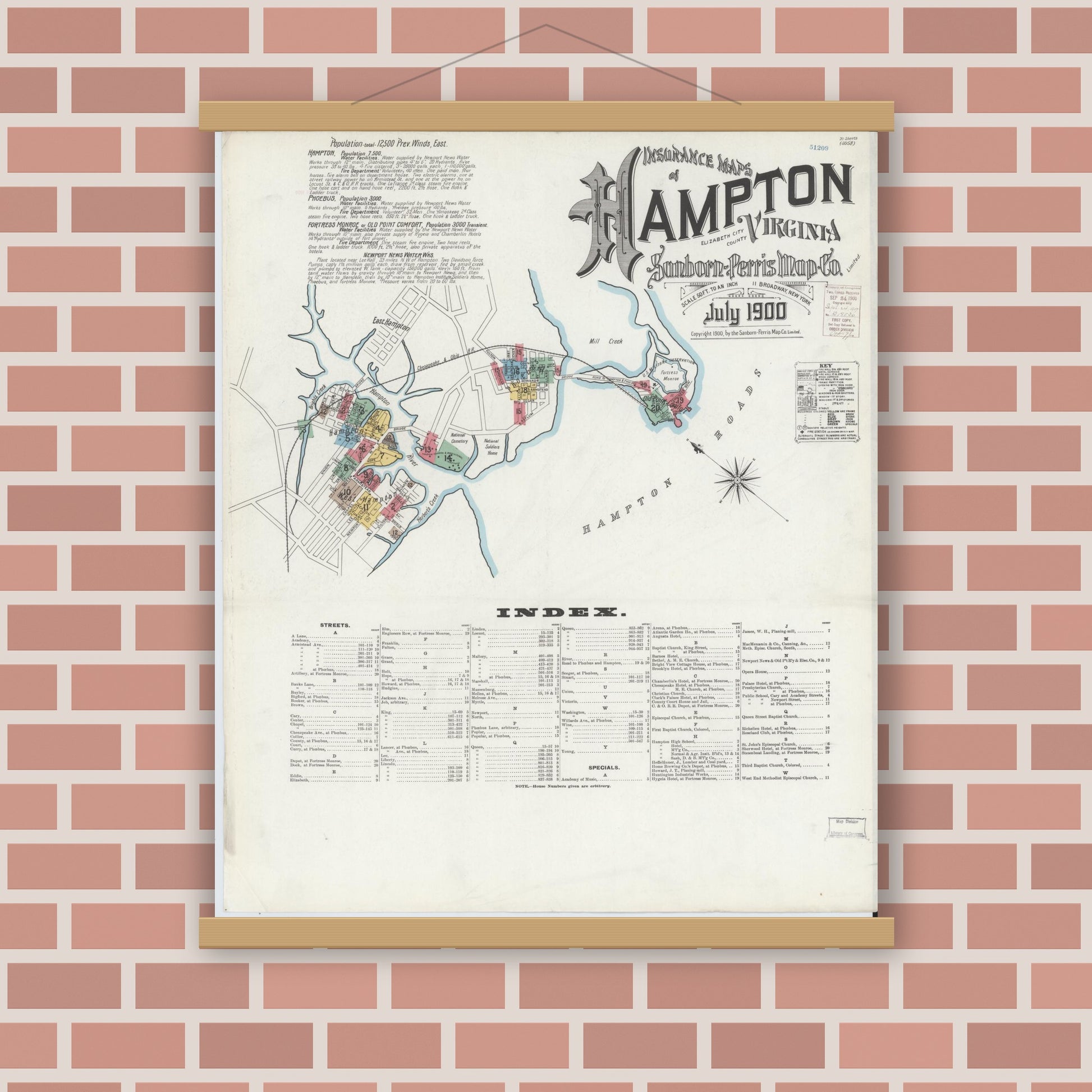 Old map wall art mockup — magnetic wood frame on brick wall — Sanborn Fire Insurance Map from Hampton, Independent Cities, Virginia (1900) - Complete Map Set