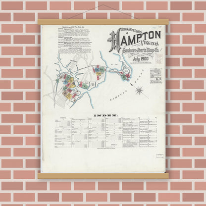 Old map wall art mockup — magnetic wood frame on brick wall — Sanborn Fire Insurance Map from Hampton, Independent Cities, Virginia (1900) - Complete Map Set