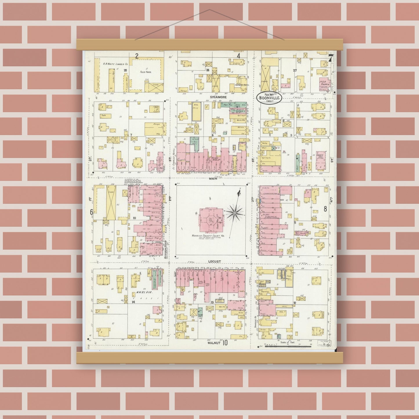 Old map wall art mockup — magnetic wood frame on brick wall — Sanborn Fire Insurance Map from Boonville, Warrick County, Indiana (1907), Sheet #0007