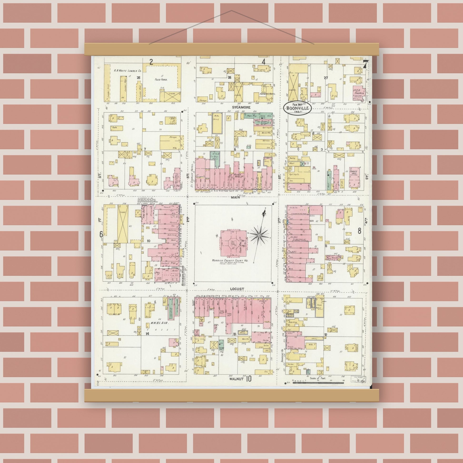 Old map wall art mockup — magnetic wood frame on brick wall — Sanborn Fire Insurance Map from Boonville, Warrick County, Indiana (1907), Sheet #0007
