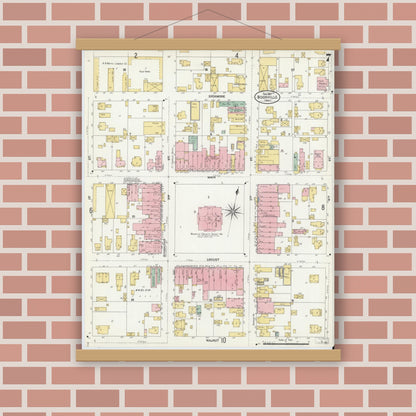 Old map wall art mockup — magnetic wood frame on brick wall — Sanborn Fire Insurance Map from Boonville, Warrick County, Indiana (1907), Sheet #0007
