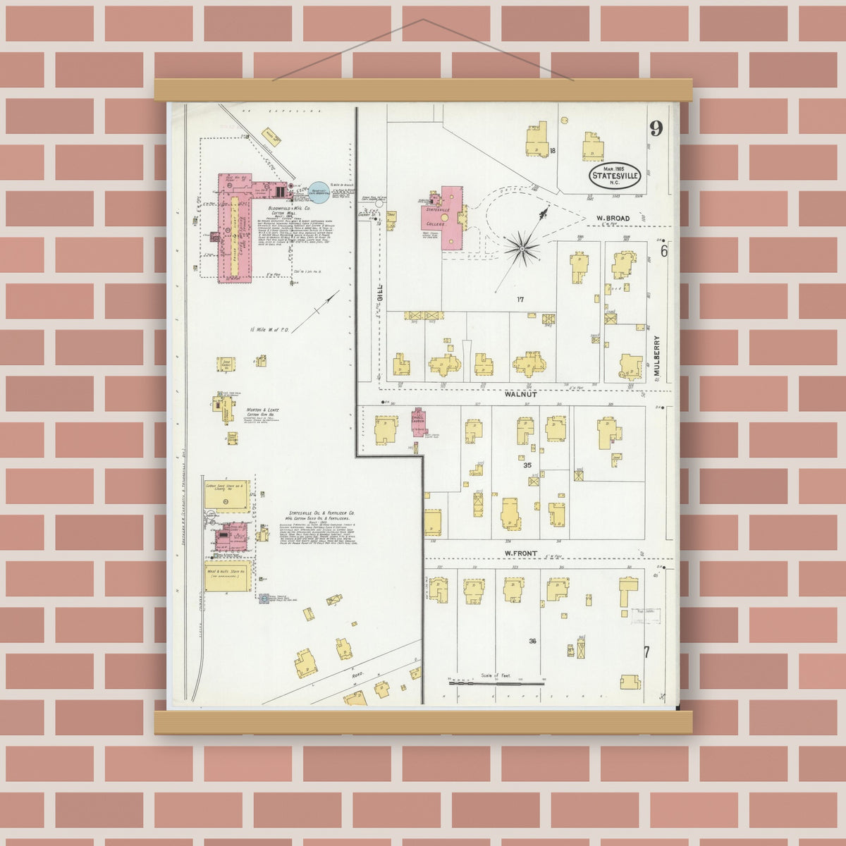 Old map wall art mockup — magnetic wood frame on brick wall — Sanborn Fire Insurance Map from Statesville, Iredell County, North Carolina (1905), Sheet #0009