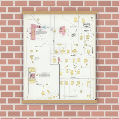Old map wall art mockup — magnetic wood frame on brick wall — Sanborn Fire Insurance Map from Statesville, Iredell County, North Carolina (1905), Sheet #0009