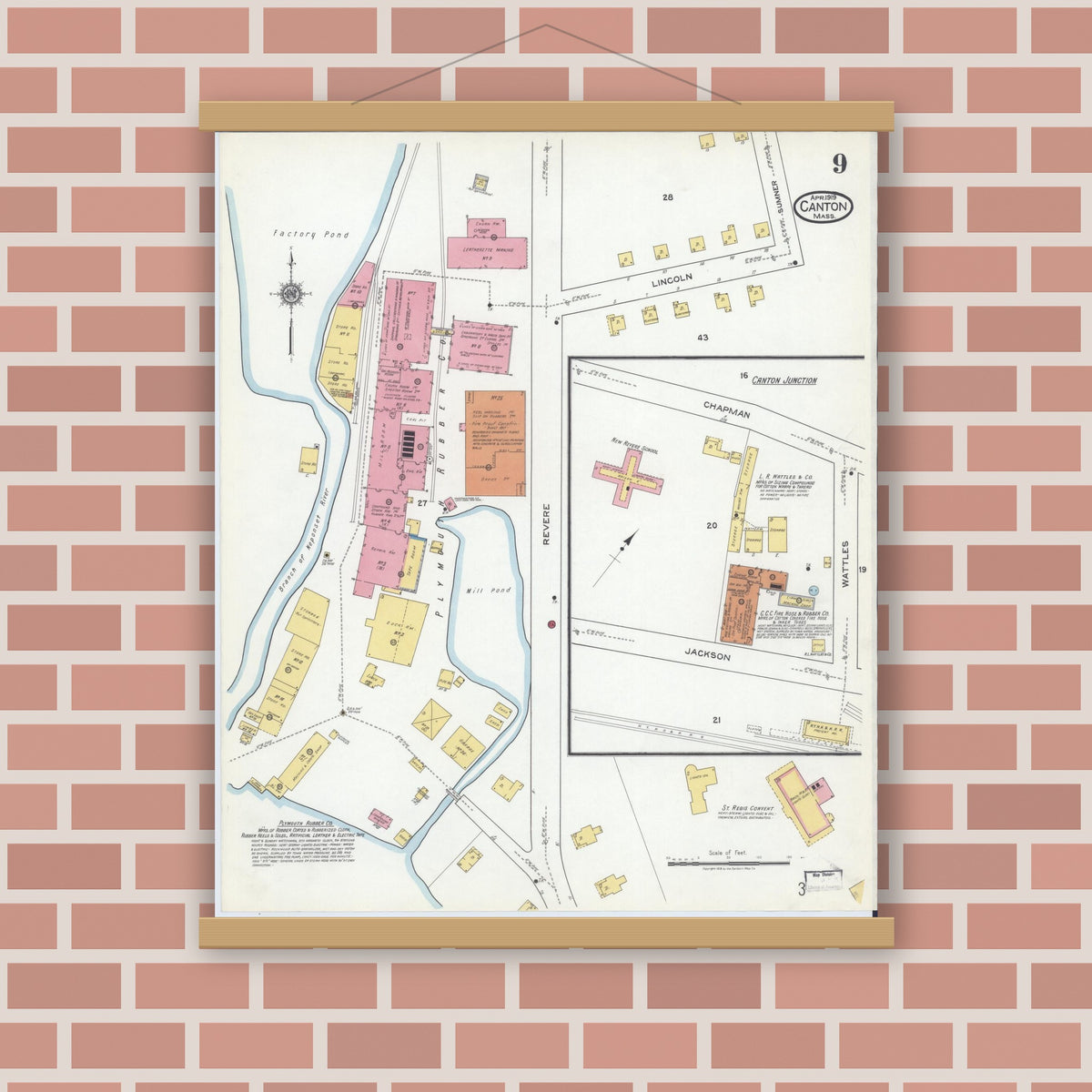 Old map wall art mockup — magnetic wood frame on brick wall — Sanborn Fire Insurance Map from Canton, Norfolk County, Massachusetts (1919), Sheet #0009
