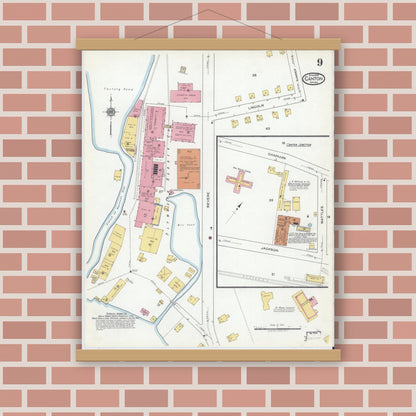 Old map wall art mockup — magnetic wood frame on brick wall — Sanborn Fire Insurance Map from Canton, Norfolk County, Massachusetts (1919), Sheet #0009