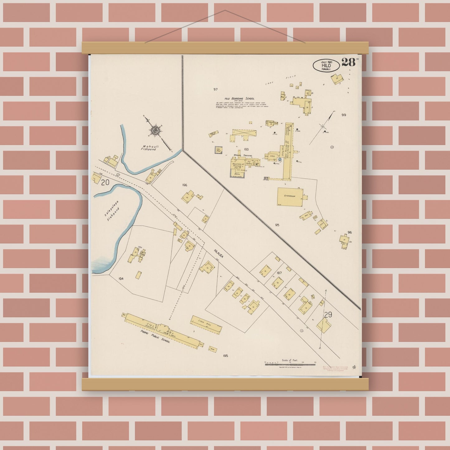 Old map wall art mockup — magnetic wood frame on brick wall — Sanborn Fire Insurance Map from Hilo, Hawaii County, Hawaii (1921), Sheet #0028