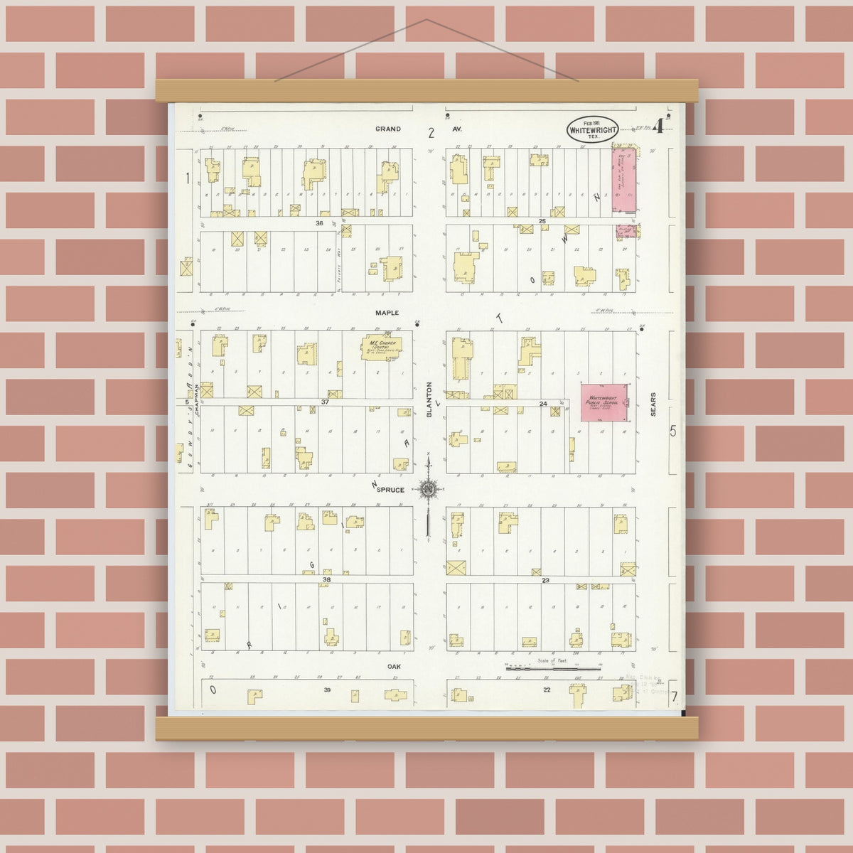 Old map wall art mockup — magnetic wood frame on brick wall — Sanborn Fire Insurance Map from Whitewright, Grayson County, Texas (1911), Sheet #0004