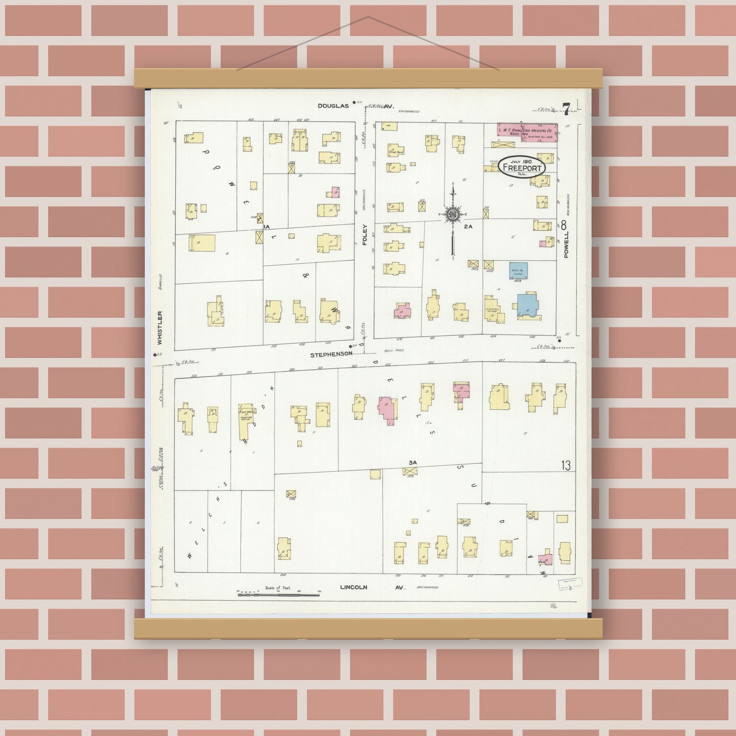 Old map wall art mockup — magnetic wood frame on brick wall — Sanborn Fire Insurance Map from Freeport, Stephenson County, Illinois (1910), Sheet #0007