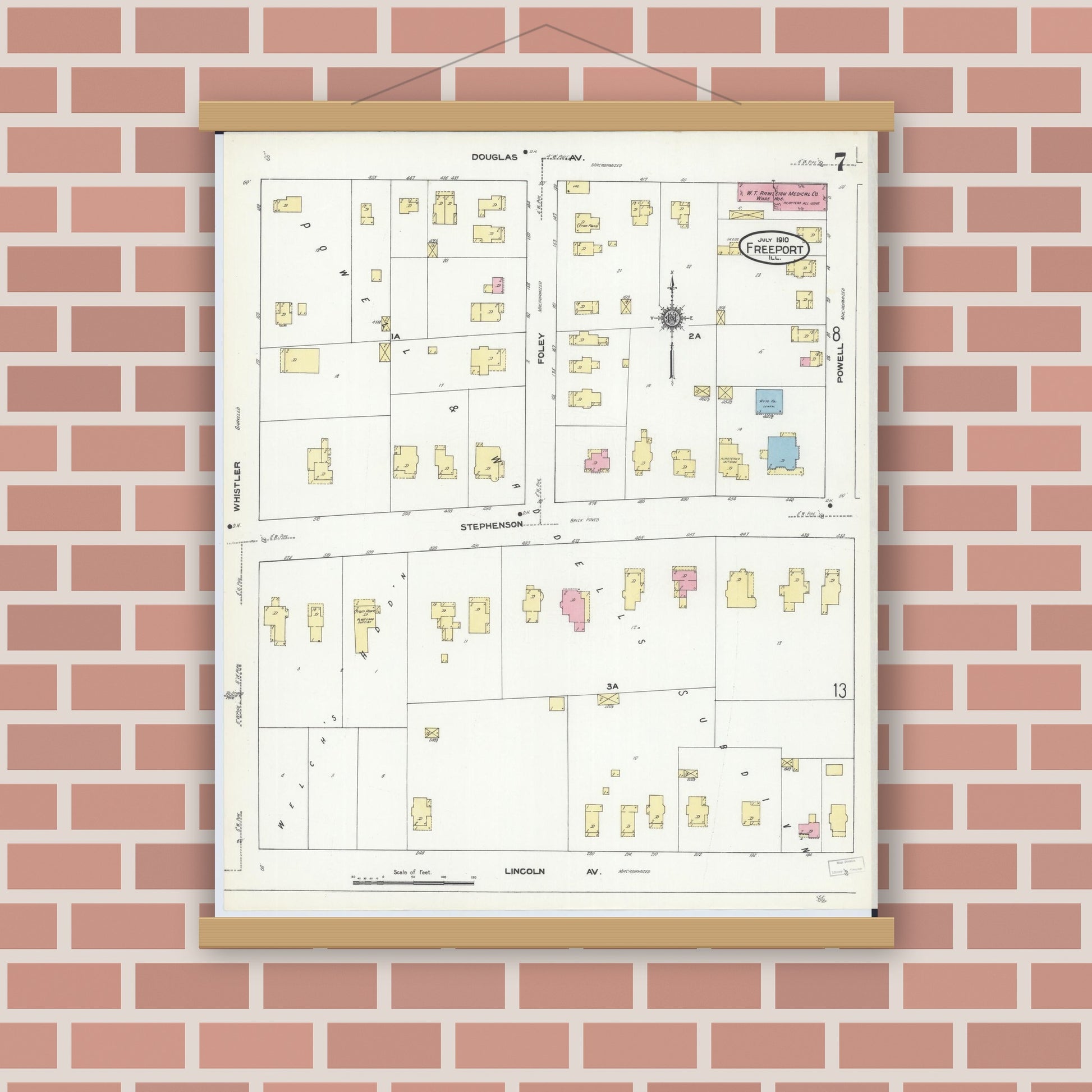 Old map wall art mockup — magnetic wood frame on brick wall — Sanborn Fire Insurance Map from Freeport, Stephenson County, Illinois (1910), Sheet #0007