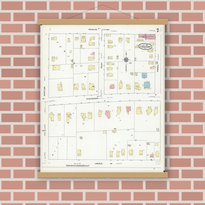 Old map wall art mockup — magnetic wood frame on brick wall — Sanborn Fire Insurance Map from Freeport, Stephenson County, Illinois (1910), Sheet #0007