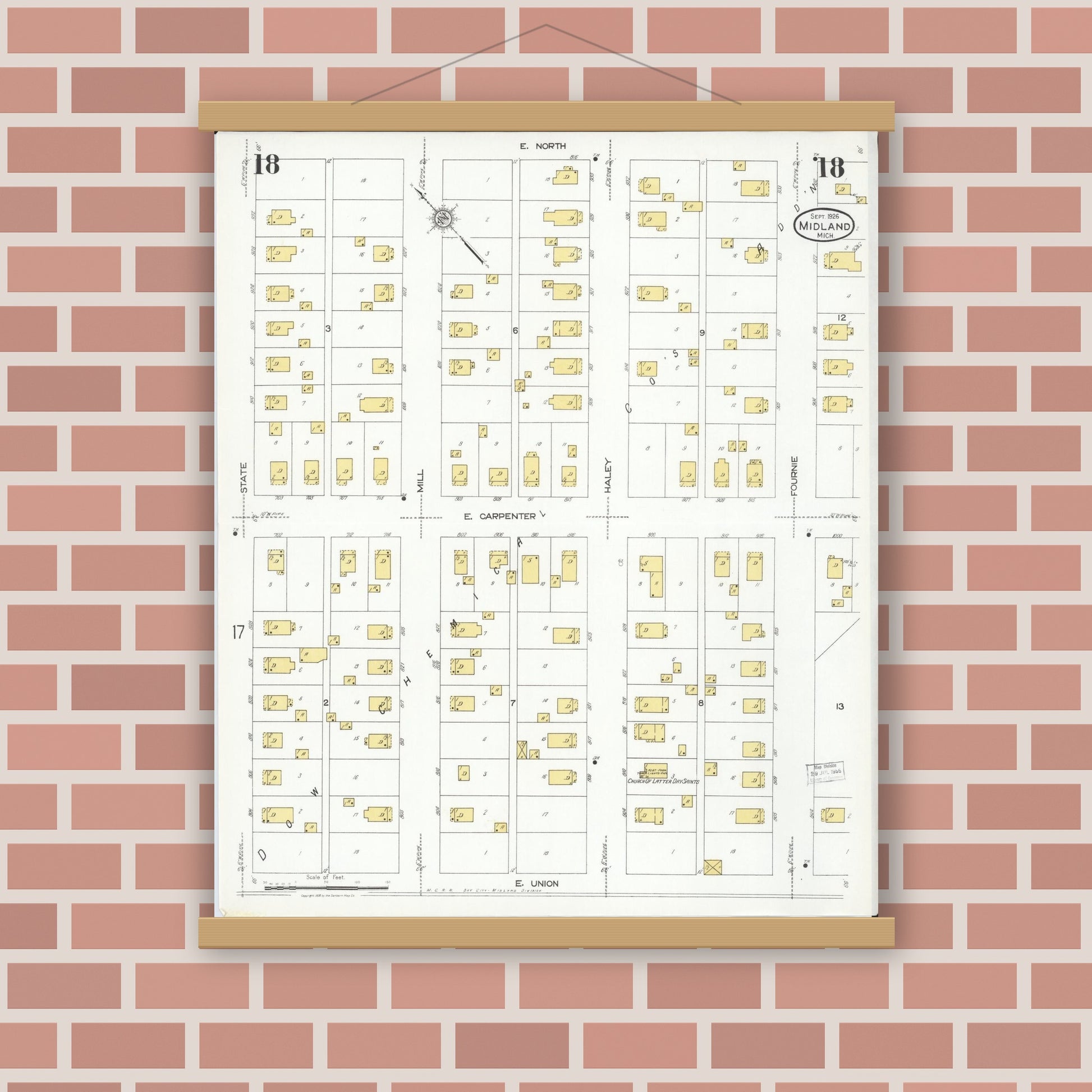 Old map wall art mockup — magnetic wood frame on brick wall — Sanborn Fire Insurance Map from Midland, Midland County, Michigan (1926), Sheet #0018