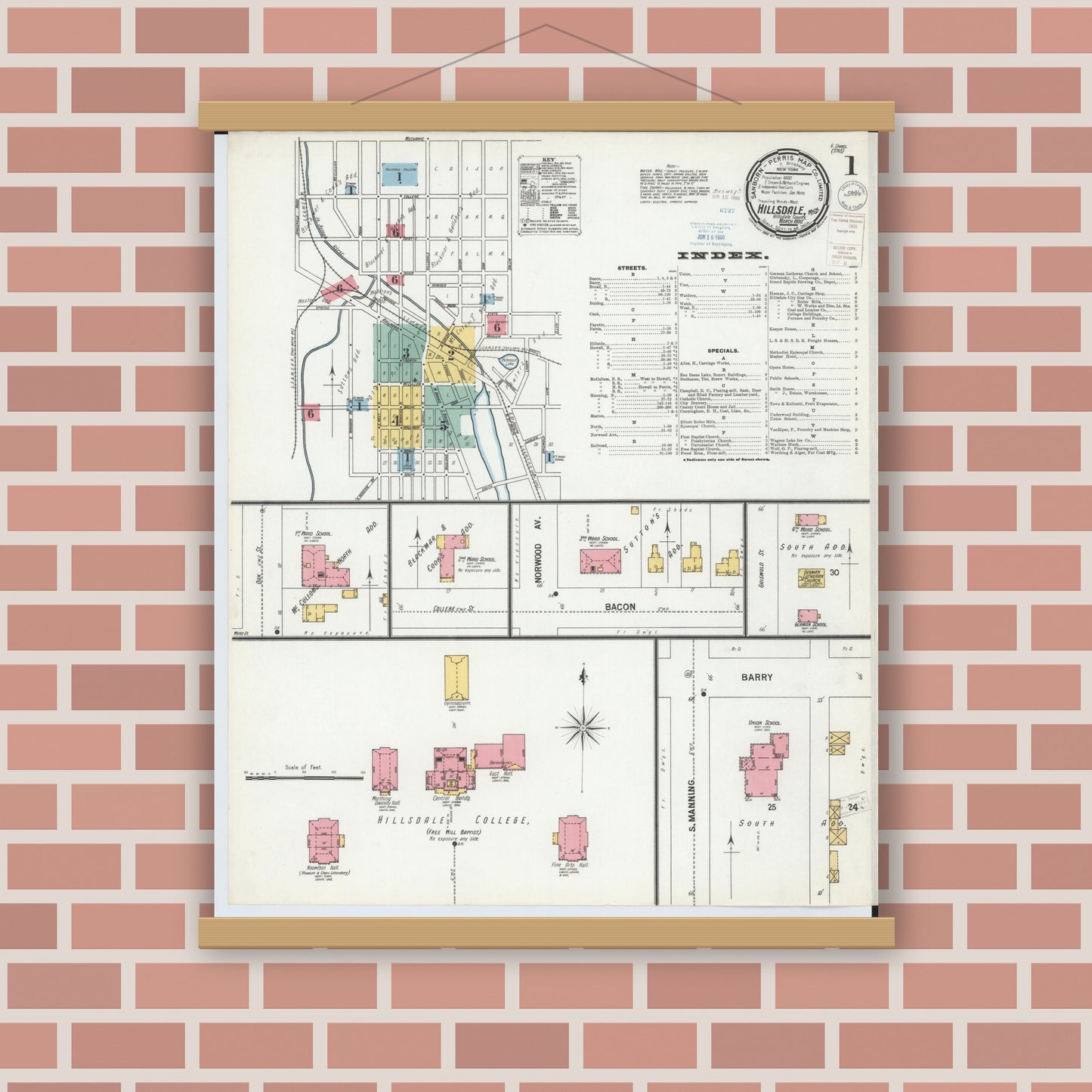 Old map wall art mockup — magnetic wood frame on brick wall — Sanborn Fire Insurance Map from Hillsdale, Hillsdale County, Michigan (1900) - Complete Map Set